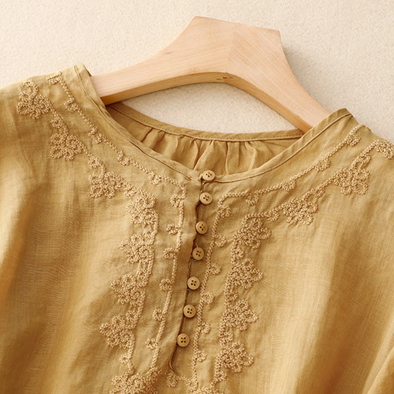 Casual Women's Plain Frog Buckle Design Half Sleeve Cotton Linen Shirt