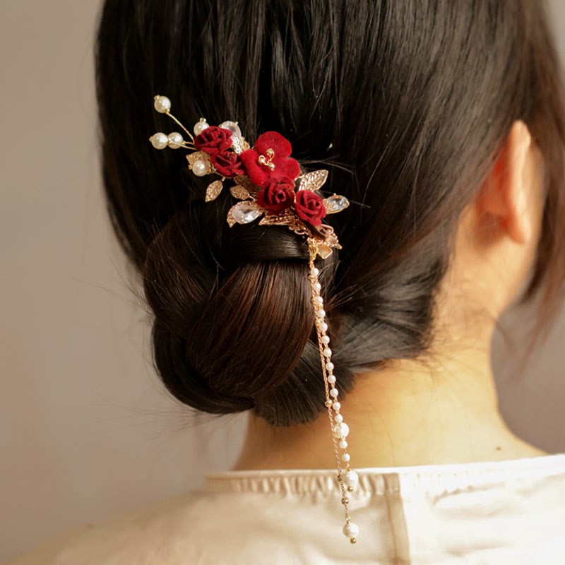 Retro Chinese Style Red Camellia Flower Tassel Side Hair Clip
