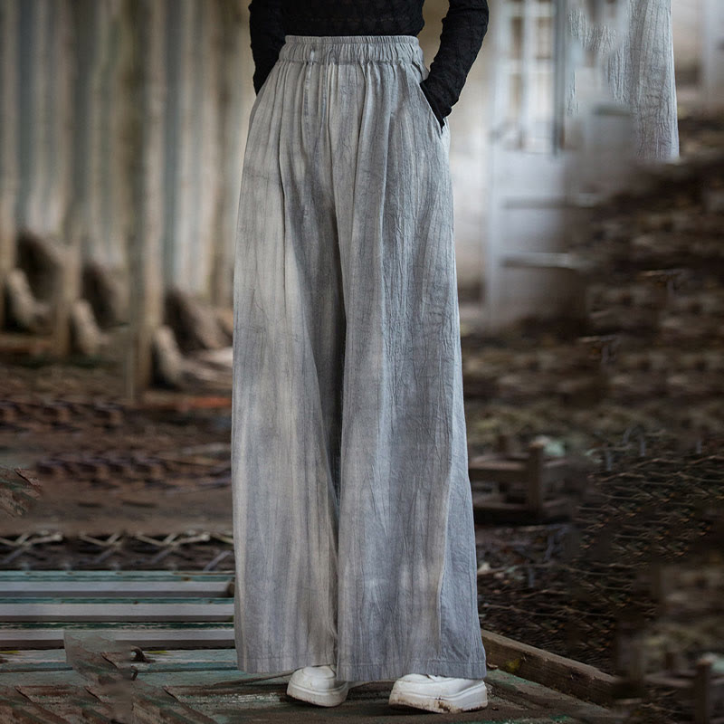 Casual Plain Loose Handmade Tie-Dye Women's Ramie Cotton Wide Leg Pants With Pockets