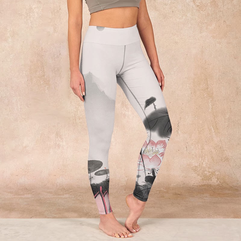 Ink Painting Lotus Flower Leaf Print Gym Fitness Leggings Women's Yoga Pants
