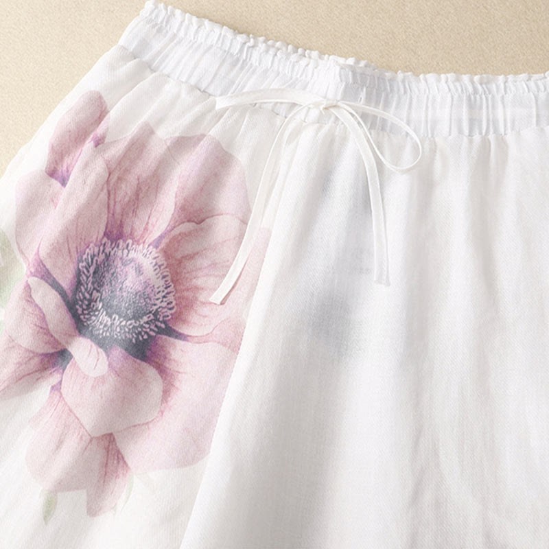 Floral Print High Waist Cotton Linen Drawstring Wide Leg Pants With Pockets