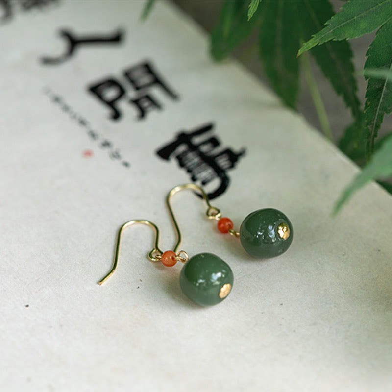 925 Sterling Silver 14K Gold Plated Hetian Jade Red Agate Luck Drop Dangle Earrings