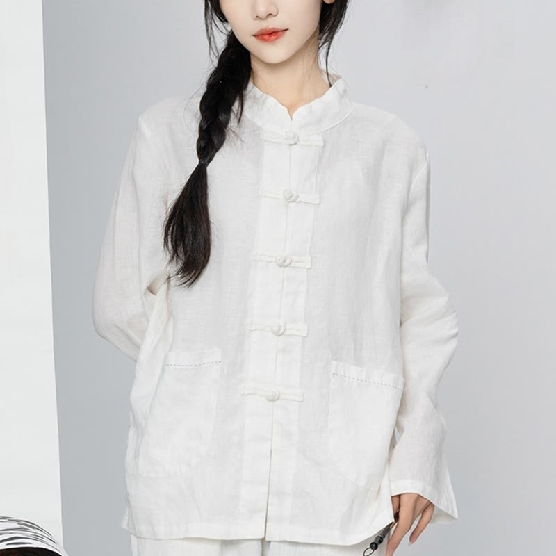 Solid Color Frog-button Long Sleeve Linen Women's Shirts With Pockets
