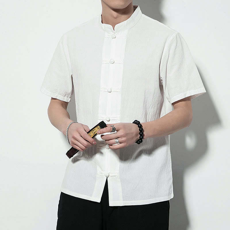 Casual Solid Color Front Frog Buttons Chinese Tang Suit Short Sleeve Linen Men's Shirt