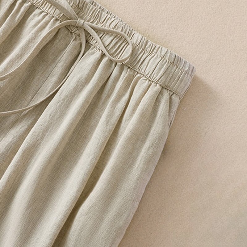 Pure Color Drawstring Frog-Button Cotton Linen Women's Harem Pants With Pockets