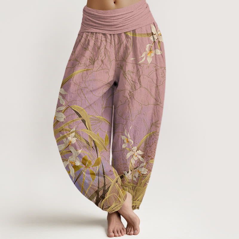 White Flowers Yellow Green Leaves Grass Pattern Women's Elastic Waist Harem Pants