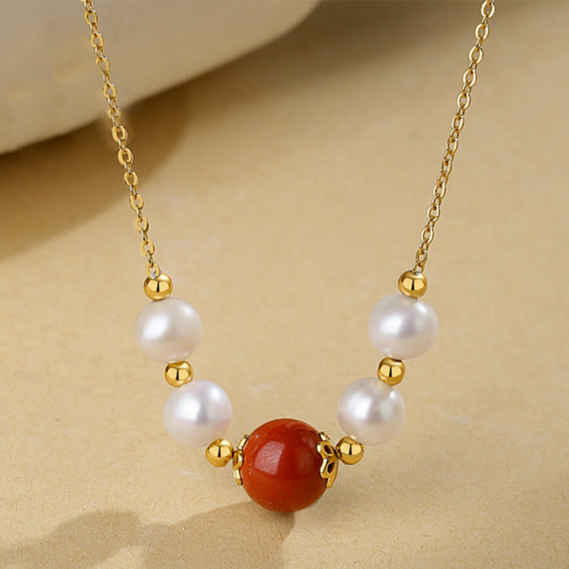 925 Sterling Silver Pearl Cinnabar Sincerity Healing Bead Chain Necklace Pendant