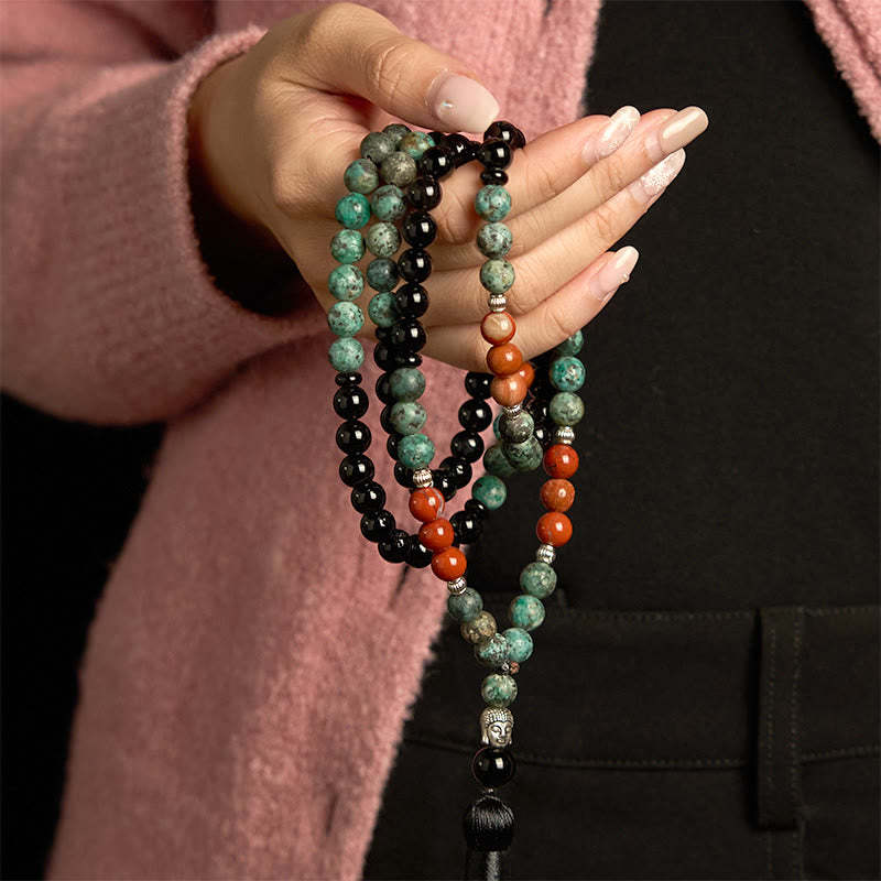 108 Mala Natural Black Onyx Red Jasper Turquoise Beads mystic zen Head Tassel Protection Bracelet