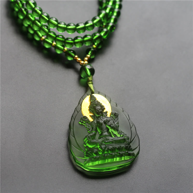 Tibetan Green Tara mystic zen Gold Plated Liuli Crystal Protection Necklace Pendant