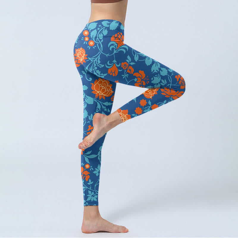 Steel Blue Red Tulips Flowers Leaves Print Gym Leggings Women's Yoga Pants