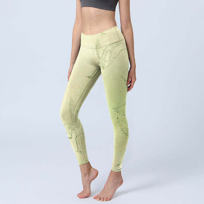 Light Yellow Crane Print Sports Leggings Women's Yoga Pants