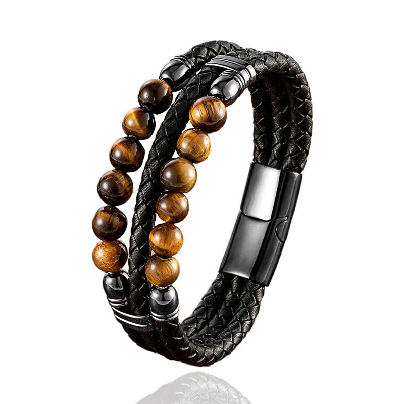 Tiger Eye Hematite Lava Rock Black Onyx Lazurite Beads Protection Strength Leather Bracelet