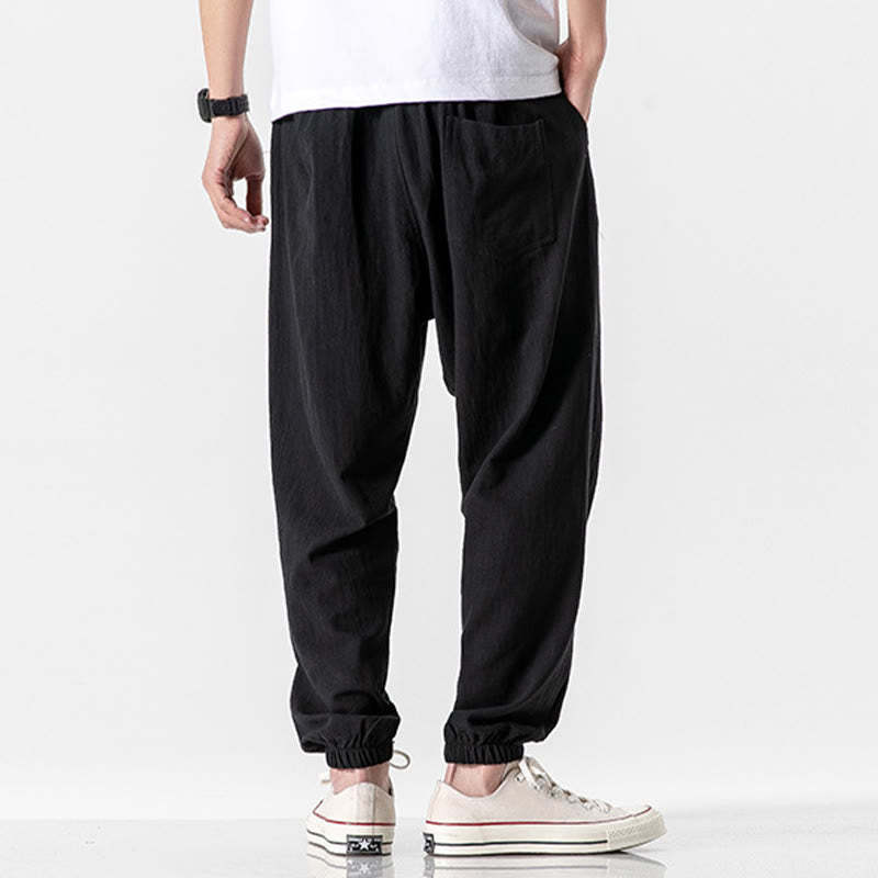 Solid Color Drawstring Cotton Men's Pants With Pockets