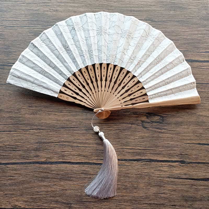 Solid Color Hollow Flowers Embroidery Cotton Fabric Handheld Bamboo Folding Fan