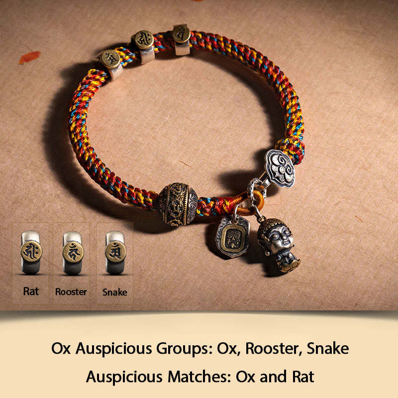 Handmade Tibetan 925 Sterling Silver Chinese Zodiac Natal mystic zen Zakiram Goddess of Wealth Protection Multicolored Rope Braided Bracelet