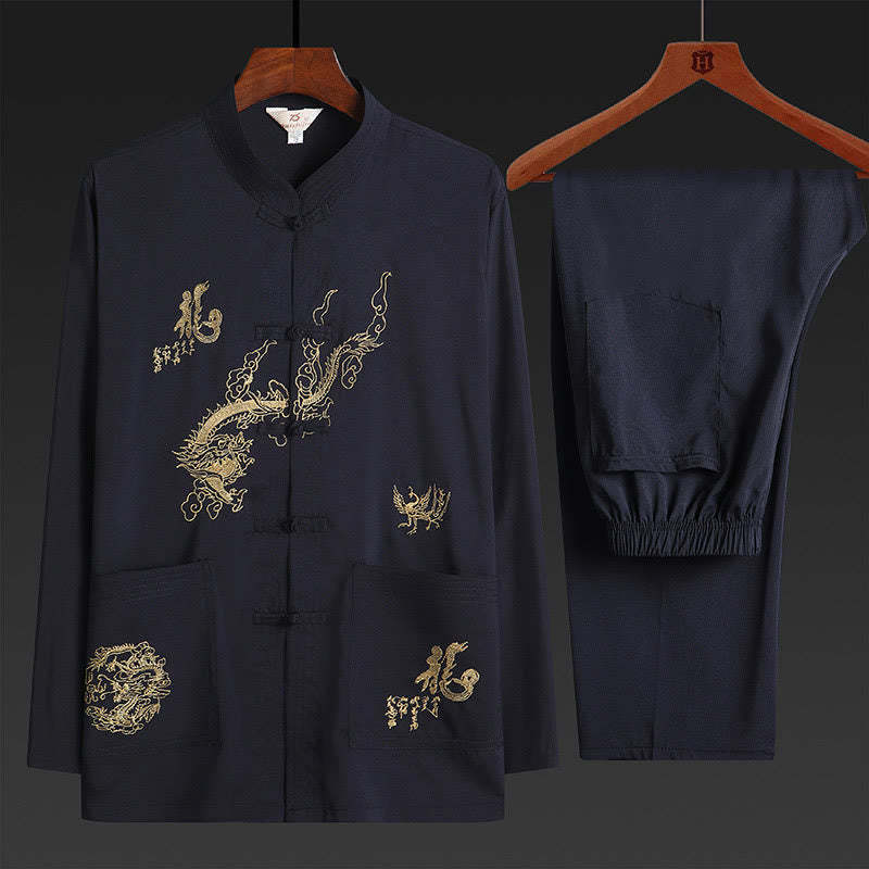 Chinese New Year Embroidered Dragon Frog-button Tang Suit Hanfu Traditional Uniform Long Sleeve Top Pants Clothing Men's Set