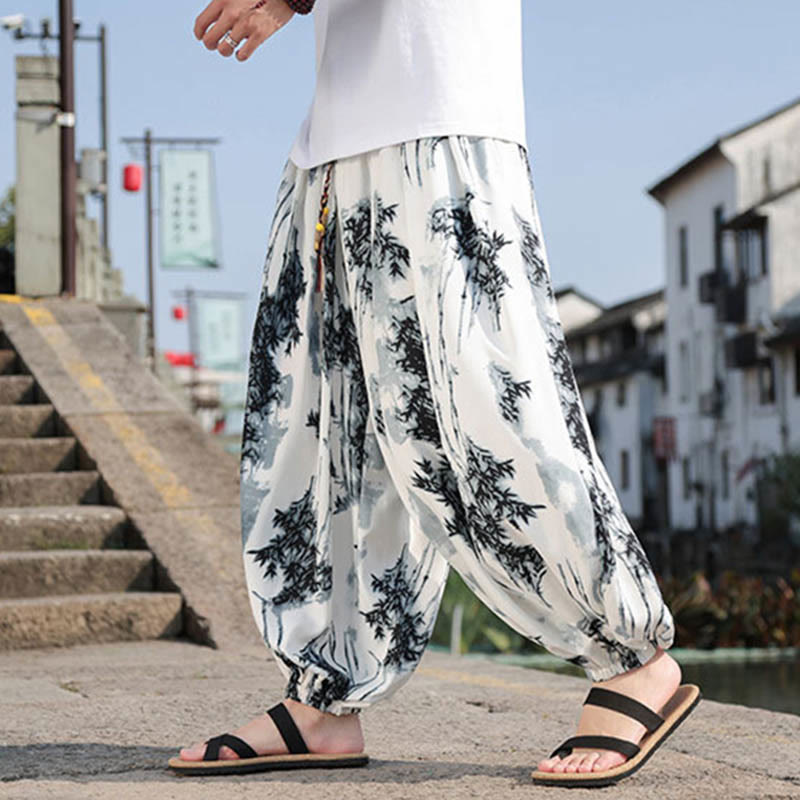 Bamboo Leaves Pattern Loose Men's Harem Pants With Pockets