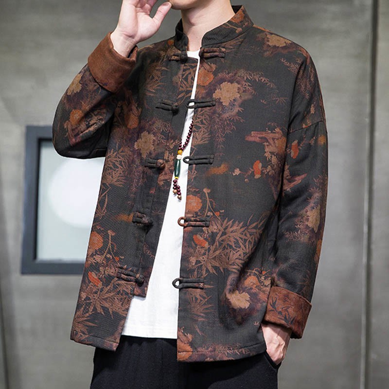 Frog-Button Chinese Tang Suit Long Shirt Cotton Men Jacket Clothing