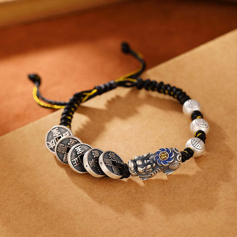 999 Sterling Silver FengShui PiXiu Copper Coin Fu Character Wealth Braided Bracelet