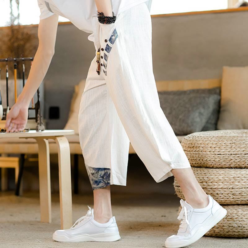 Patchwork Design Drawstring Cotton Men's Cropped Pants With Pockets