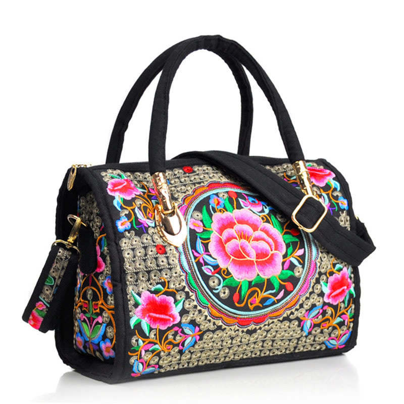 Money Tree Peony Camellia Double-Sided Embroidery Canvas Shopping Purse Handbag Crossbody Bag