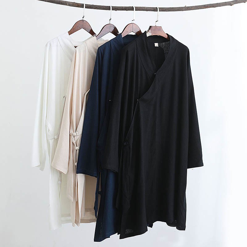 2Pcs V-Neck Men's Long Sleeve Shirt Top Pants Meditation Zen Tai Chi Cotton Linen Clothing Set
