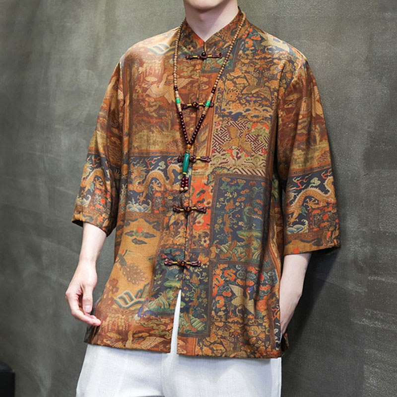 Landscape Chinese Dragon Pattern Chinese Three Quarter Sleeve Shirt Men T-shirt