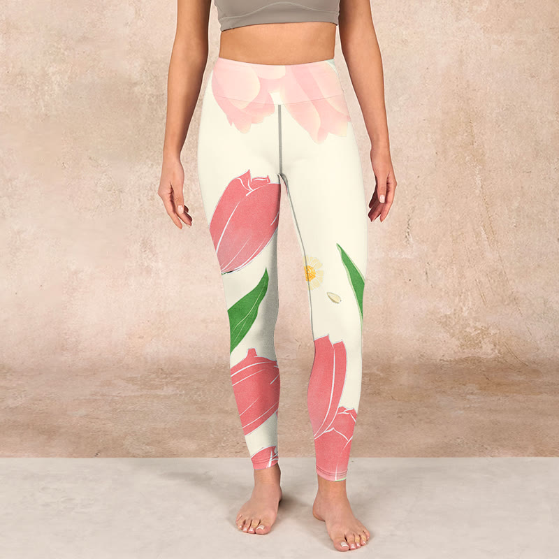 Pink Tulip Flower Print Gym Fitness Leggings Women's Yoga Pants