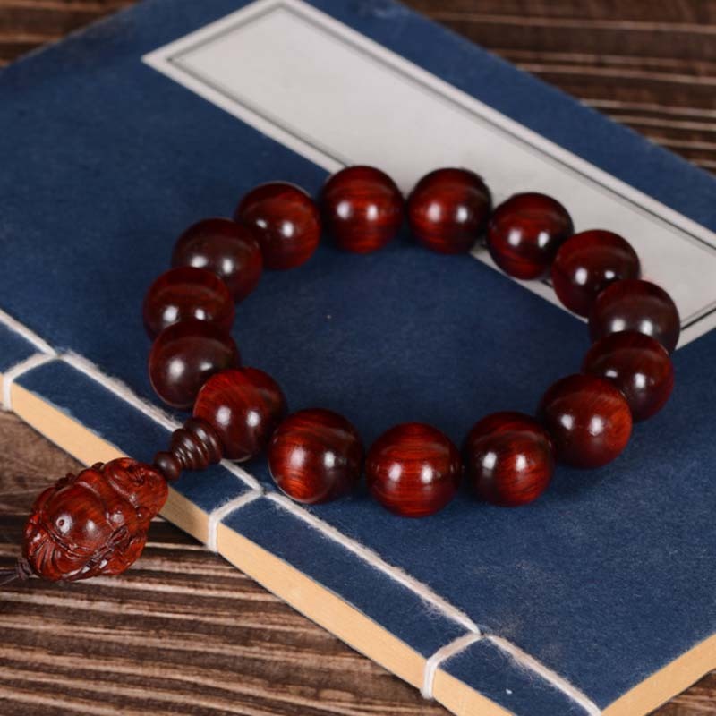 Small Leaf Red Sandalwood Laughing mystic zen God of Wealth Protection Bracelet