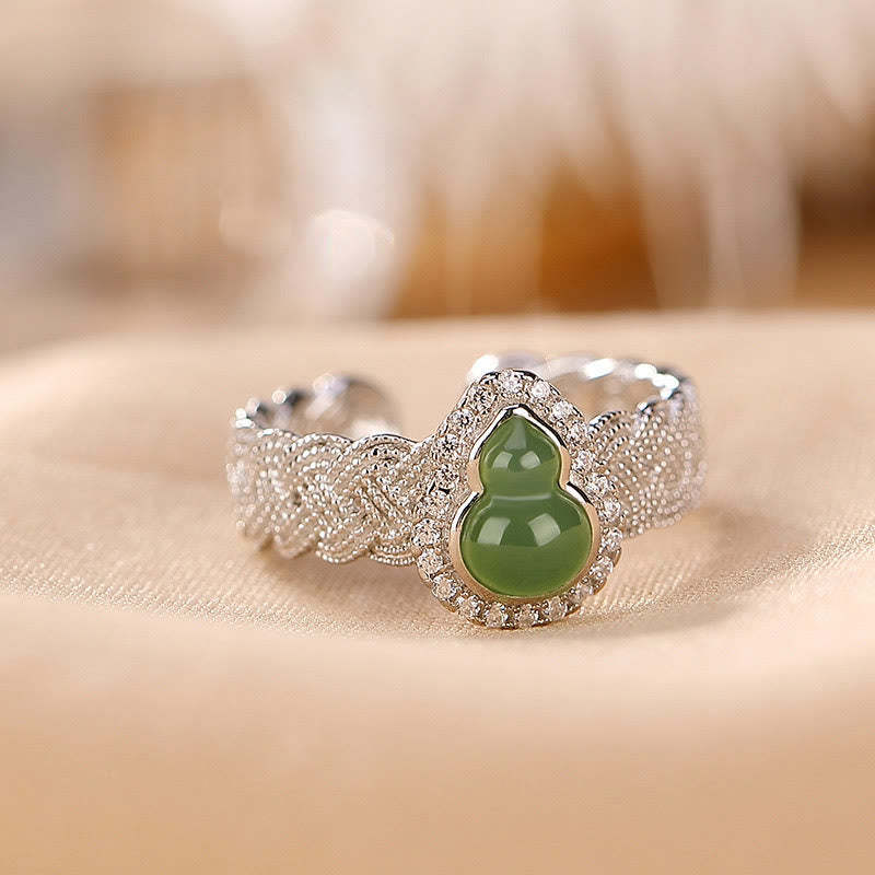 925 Sterling Silver Plated Gold Natural Hetian Cyan Jade Gourd Luck Bracelet Ring Set