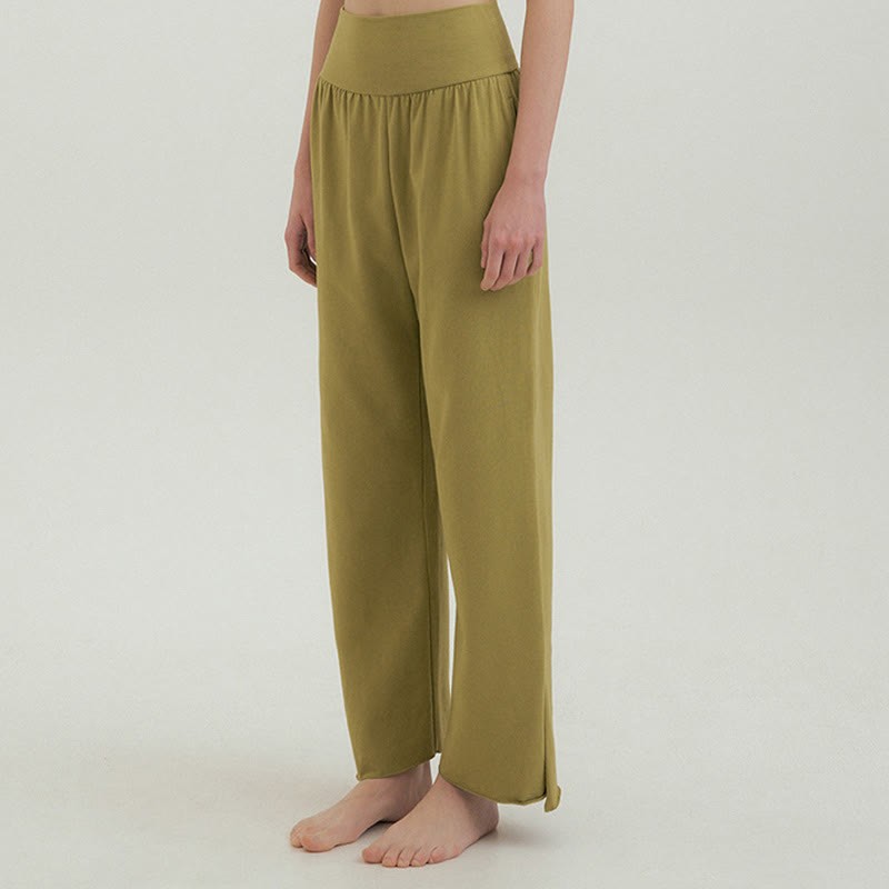 Casual Loose Tie-down Hem Plain High Waist Women's Leica Pants With Pockets