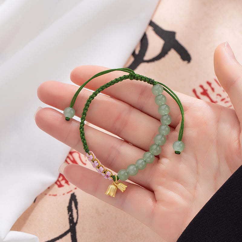 Handmade Jade Bead Lily of the Valley Charm Luck Braided Bracelet