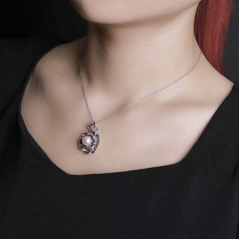 999 Sterling Silver Peony Flower Pearl Healing Necklace Pendant