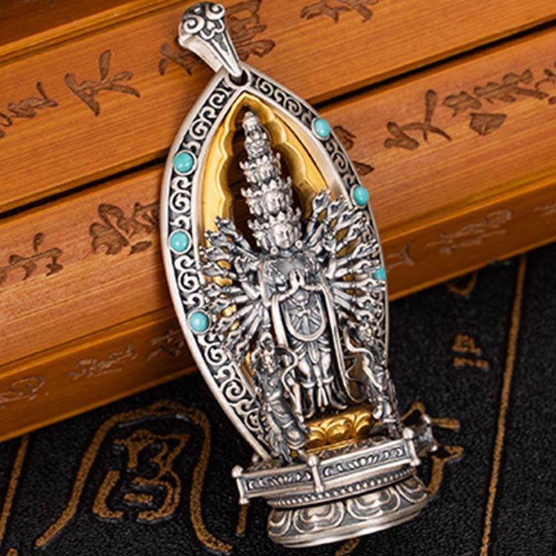 925 Sterling Silver Thousand-armed Guanyin Kwan Yin Avalokite?vara Wealth Necklace Pendant