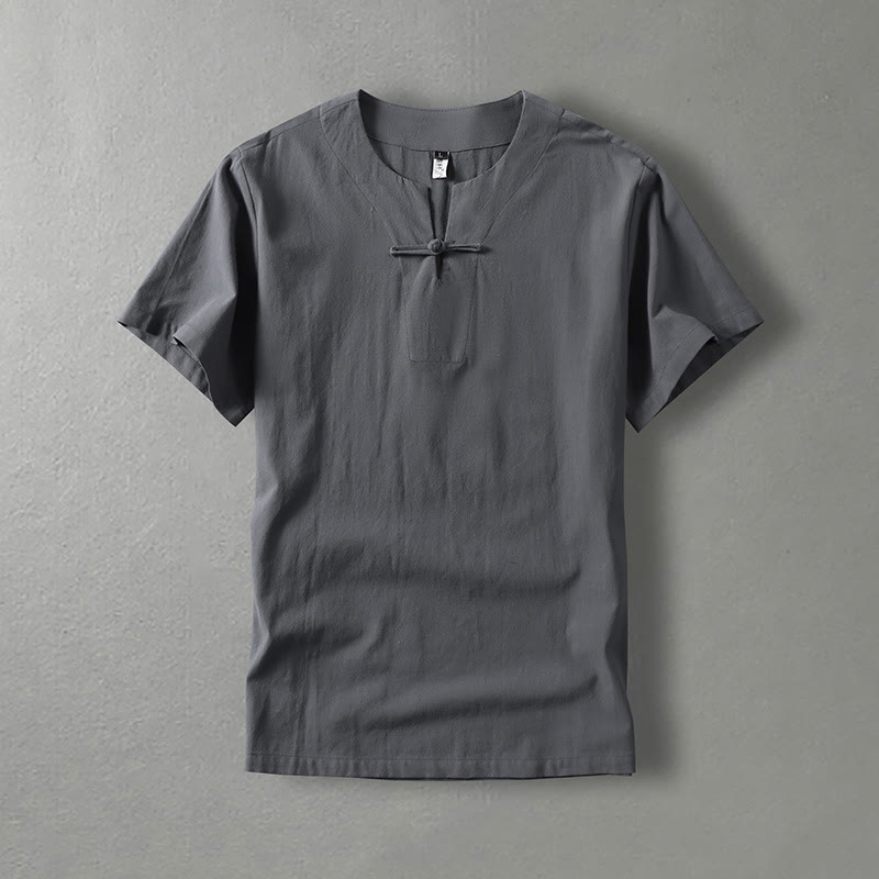 Casual Plain Color Short Sleeve One Frog Button Cotton Linen Men's Shirt