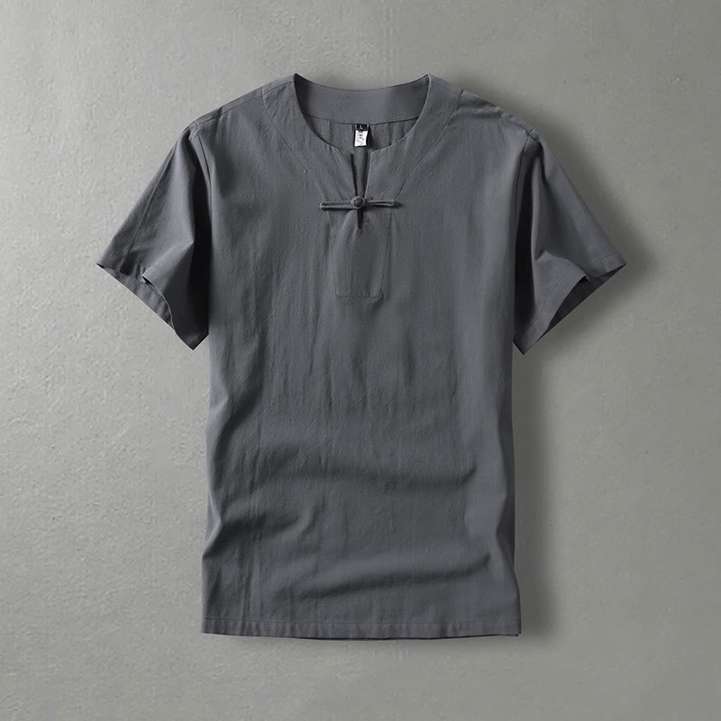 Casual Plain Color Short Sleeve One Frog Button Cotton Linen Men's Shirt