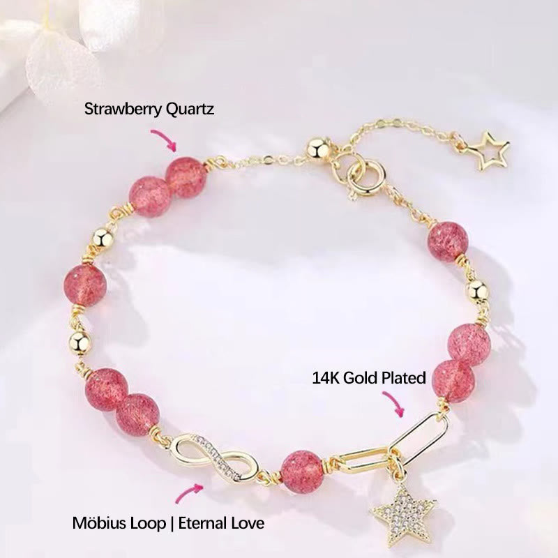 14K Gold Plated Natural Strawberry Quartz Moonstone M?bius Loop Eternal Love Star Positive Bracelet