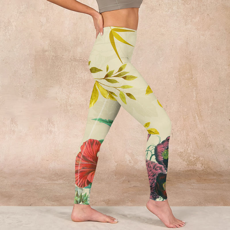 Golden Green Leaves Colorful Flowers Gym Leggings Women's Yoga Pants