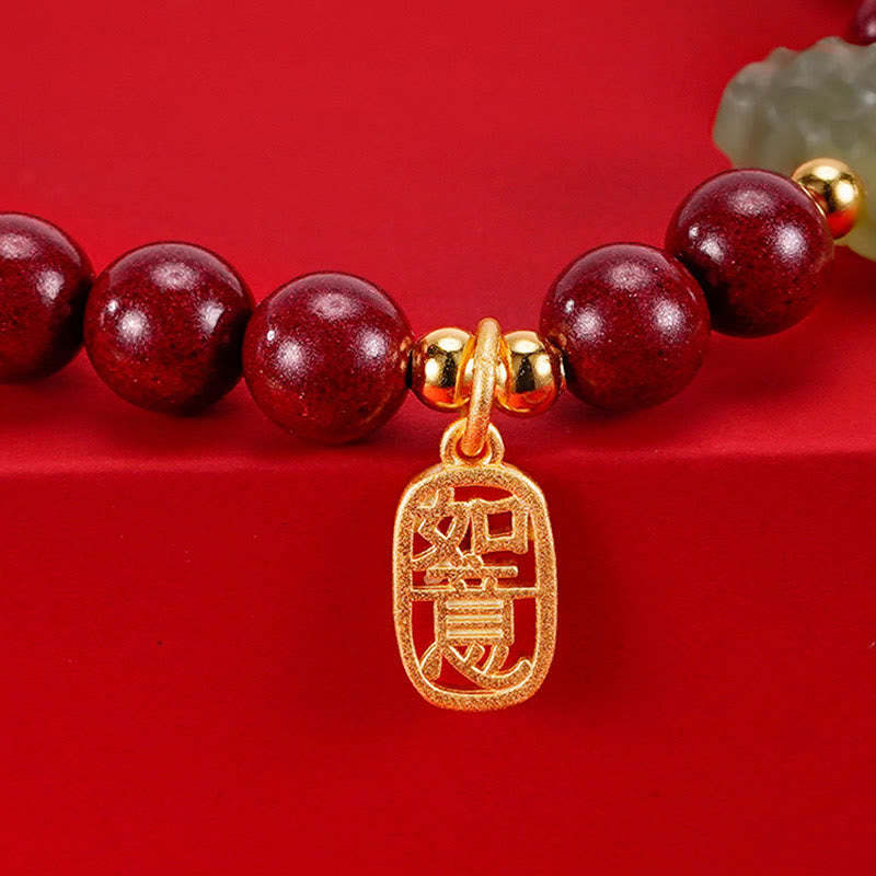 925 Sterling Silver Year of the Dragon Natural Cinnabar Hetian Jade Dragon Fu Character Ruyi As One Wishes Charm Blessing Bracelet (Extra 30% Off | USE CODE: FS30)