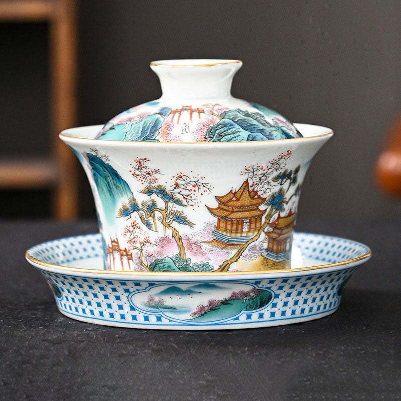 Jingdezhen Dragon Phoenix Pavilion Pine Flower Ceramic Gaiwan Sancai Teacup Kung Fu Tea Cup And Saucer With Lid 170ml