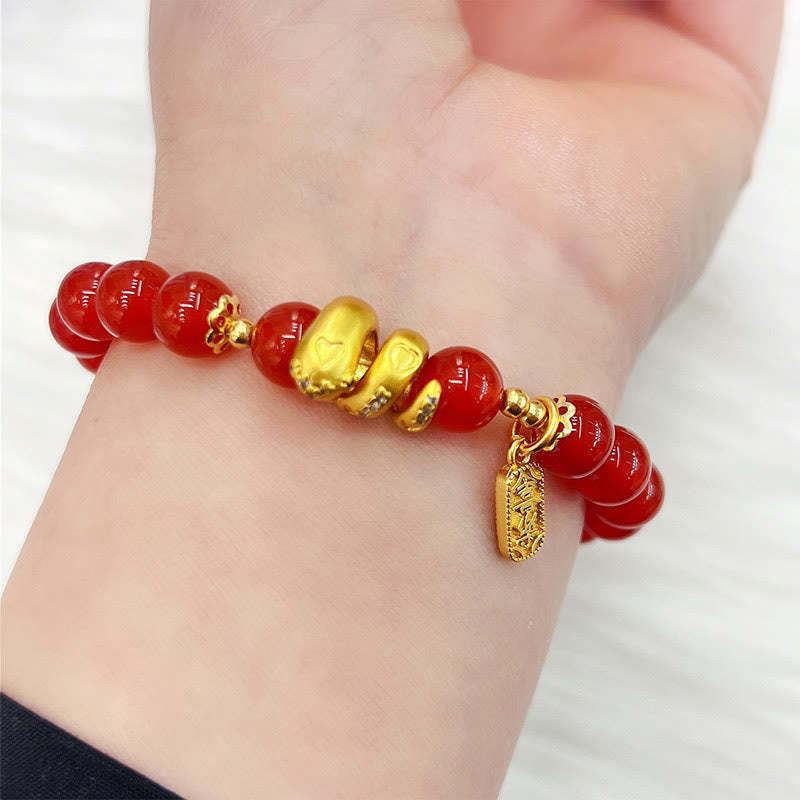 Red Agate Gold Plated Copper Peace And Joy Safe Plate Year of the Snake Confidence Bracelet