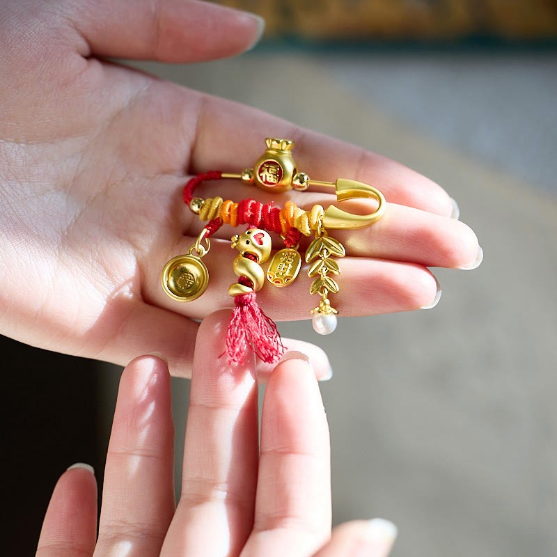 Copper Year Of The Snake Tassels String Spike Fu Bowl Lucky Fortune Bag Brooch
