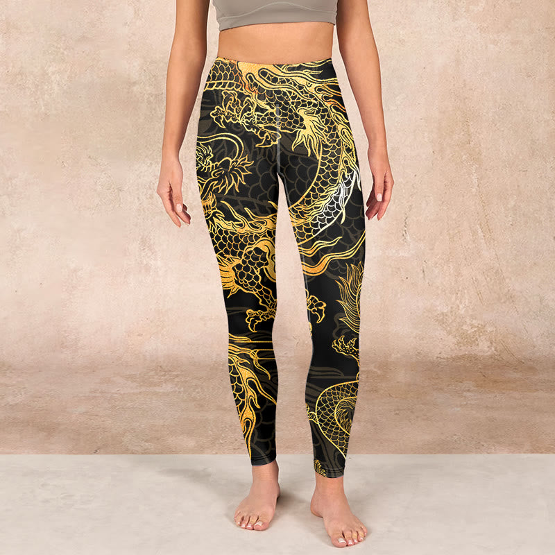 Golden Dragon Print Gym Leggings Women's Yoga Pants
