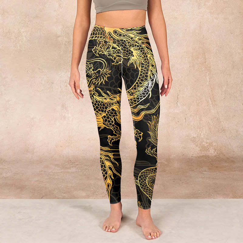 Golden Dragon Print Gym Leggings Women's Yoga Pants