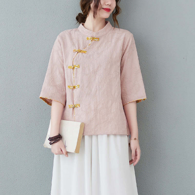 Floral Pattern Frog-Button Half Sleeve Cotton Linen Shirt