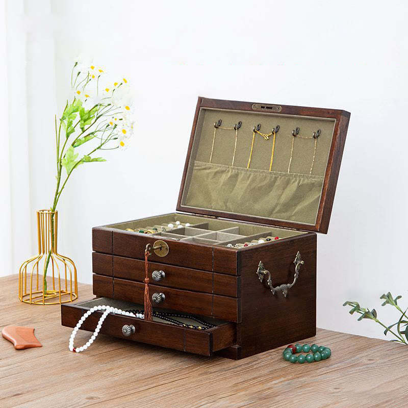 Retro Solid Wood Jewelry Box Four-Layer Wooden Jewelry Storage Box