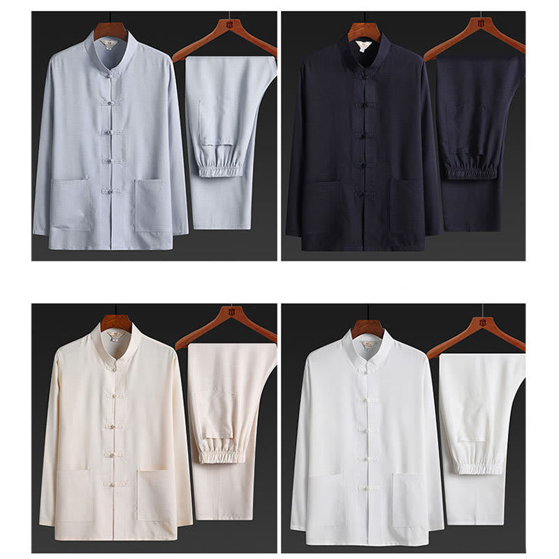 2Pcs Tang Suit Plain Color Frog-Button Men's Long Sleeve Shirt Pants Set