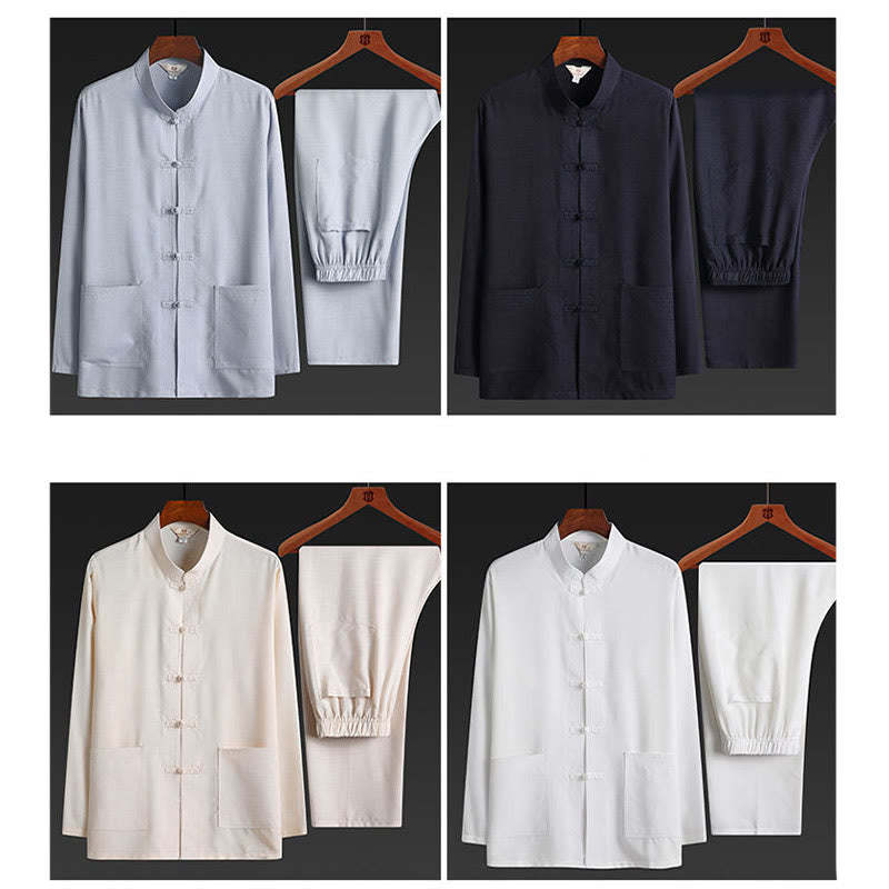 2Pcs Tang Suit Plain Color Frog-Button Men's Long Sleeve Shirt Pants Set