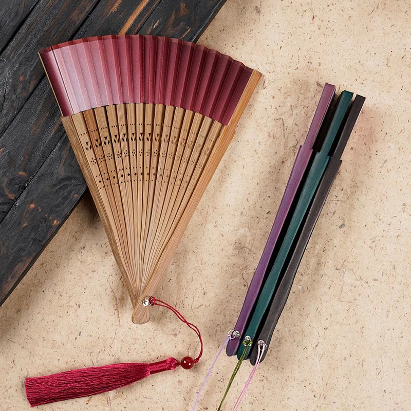 Solid Color Gradient Hollow Engraved Handheld Bamboo Folding Fan