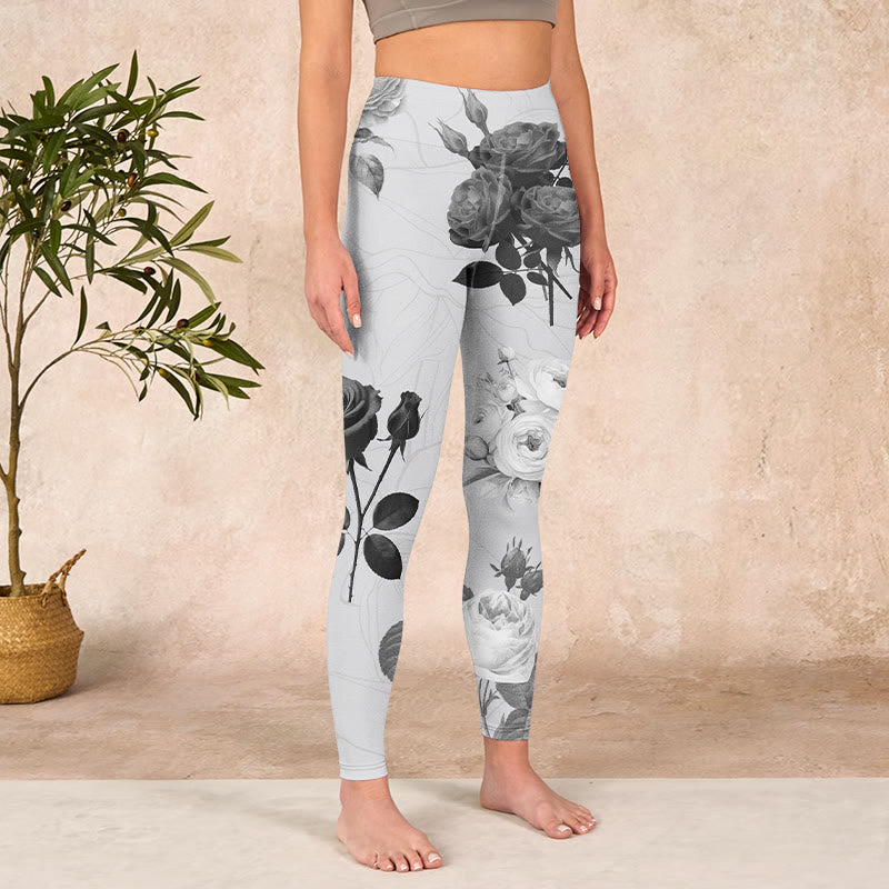 Black White Rose Gym Leggings Women's Yoga Pants